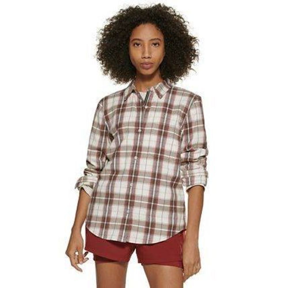 Bass Outdoor Women's Ivory Plaid Windsor Stretch Flannel Button Down Shirt- Size